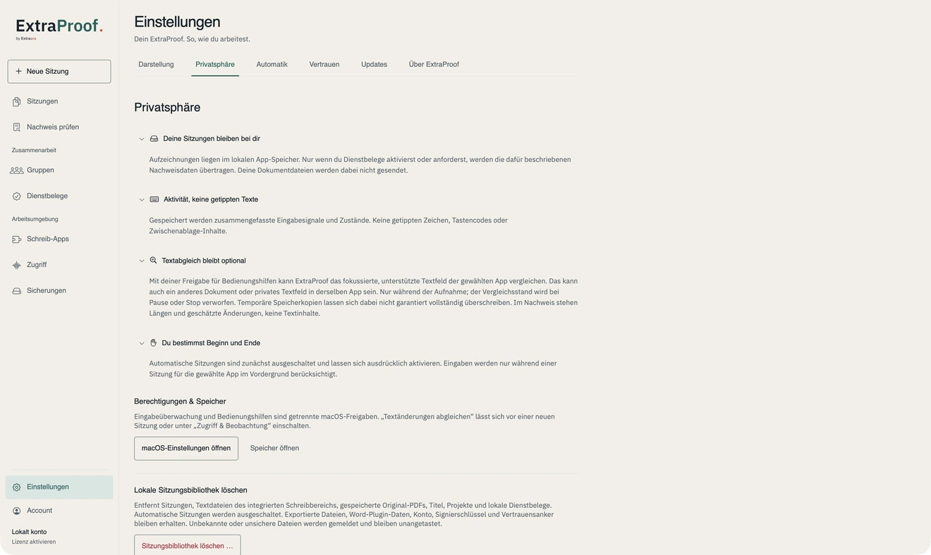 ExtraProof-Einstellungen zur Privatsphäre: lokale Sitzungsdaten, Aktivität ohne gespeicherte Tasten, optionaler Textabgleich und bewusste Steuerung von Beginn und Ende.